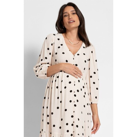 Seraphine Womens 14 Polka Dot Tiered Maternity Midi Dress Button Front Nursing - Picture 4 of 13